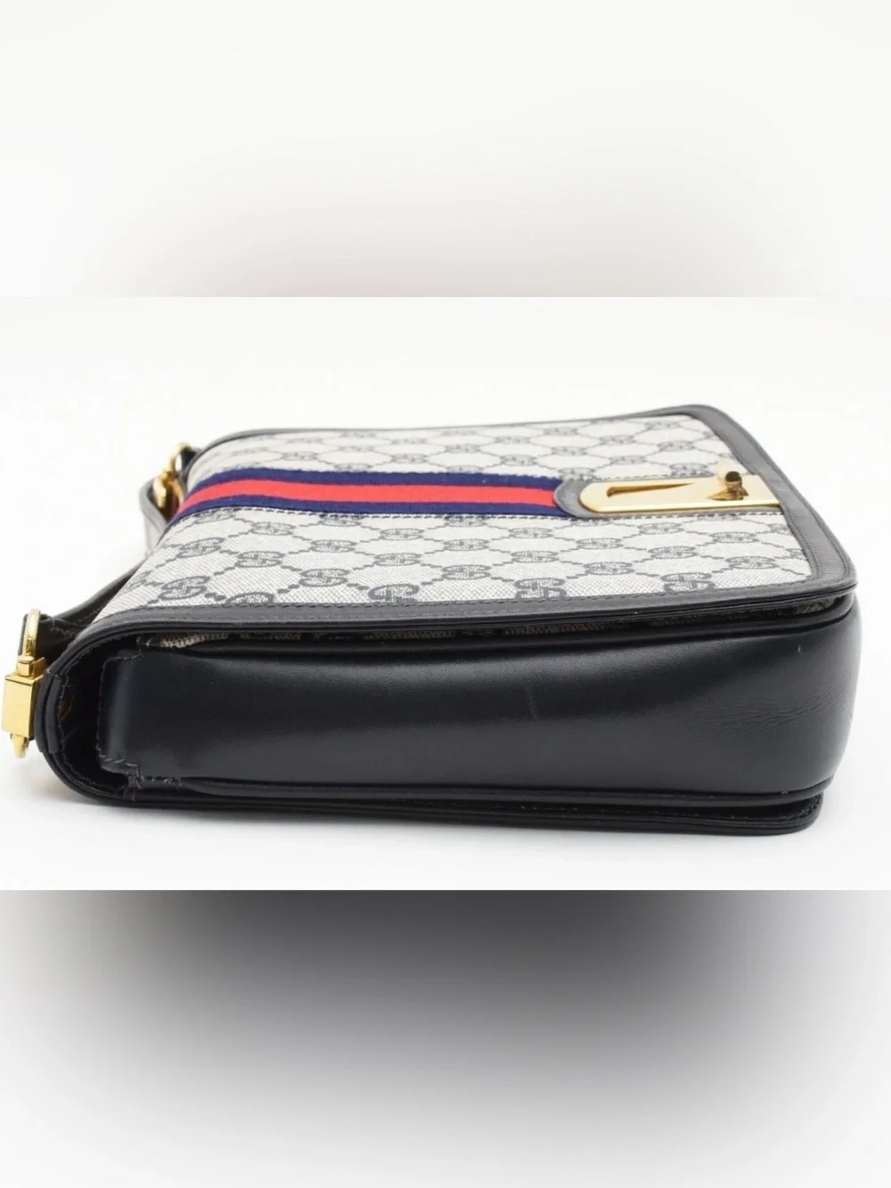 VERY RARE! Vintage GUCCI GG Sherry Shoulder Bag Purse PVC Leather Navy - Picture 8 of 13